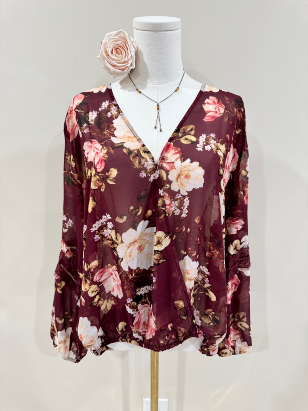 Sheer Chiffon Floral Lace Detail Long Sleeve VNeck Boho Chic Feminine Blouse S/L